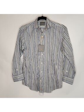 Thomas Dean dress shirt 10/12 NWT! Blue yellow white stripe inner plaid cotton